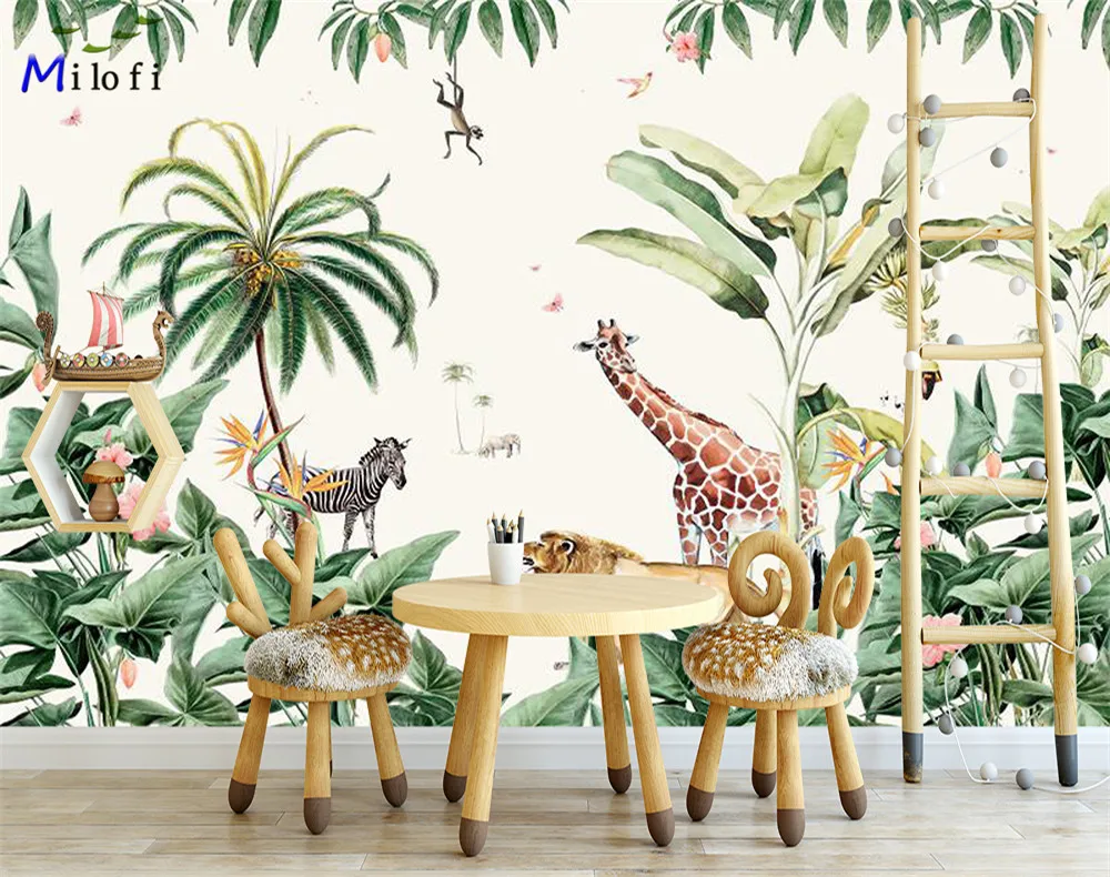 Milofi custom 3D large wallpaper mural hand-painted Nordic forest small animal kindergarten jungle sticker background wall