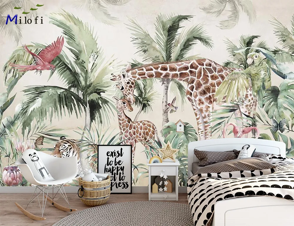 Milofi custom 3D large wallpaper mural hand-painted Nordic forest small animal kindergarten jungle sticker background wall