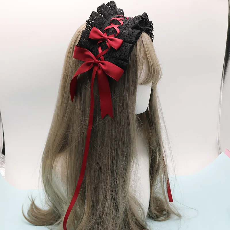 2024 Lolita Lace Gothic Bowknot Sweet Hair Hoop Anime Maid Cosplay Headband Flower Headwear Accessory Wholesale