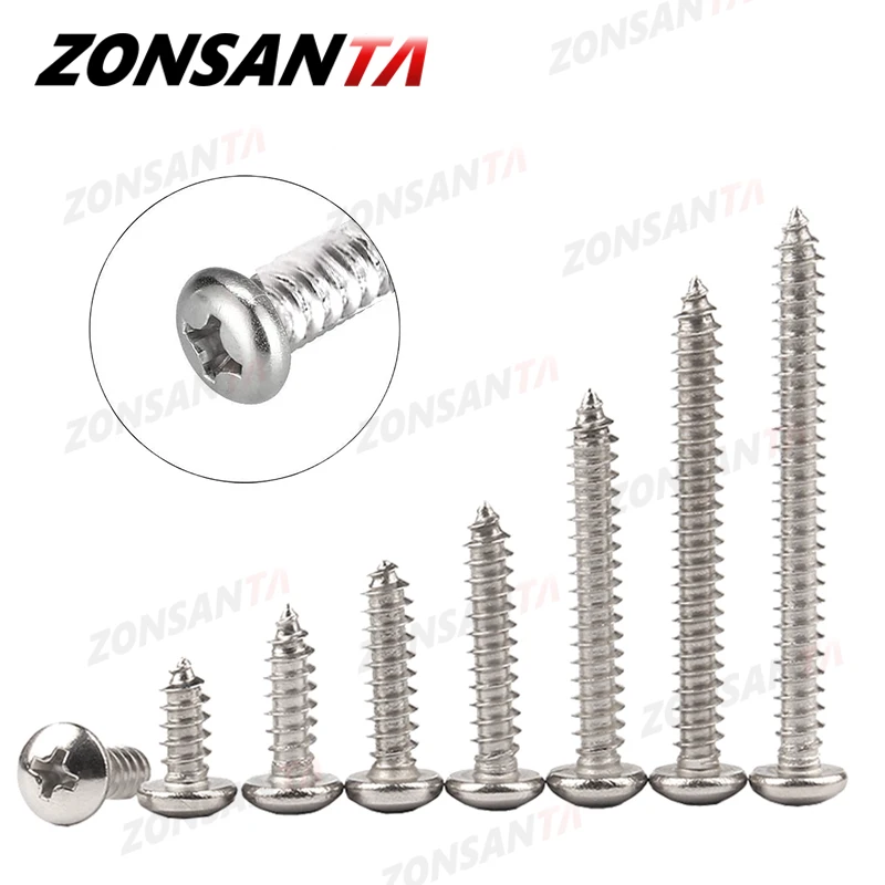ZONSANTA M1.4 M1.7 M2 M2.2 M2.6 M3 M3.5 M4 M5 M6 Small 304 Stainless Steel Cross Phillips Pan Round Head Self Tapping Screw