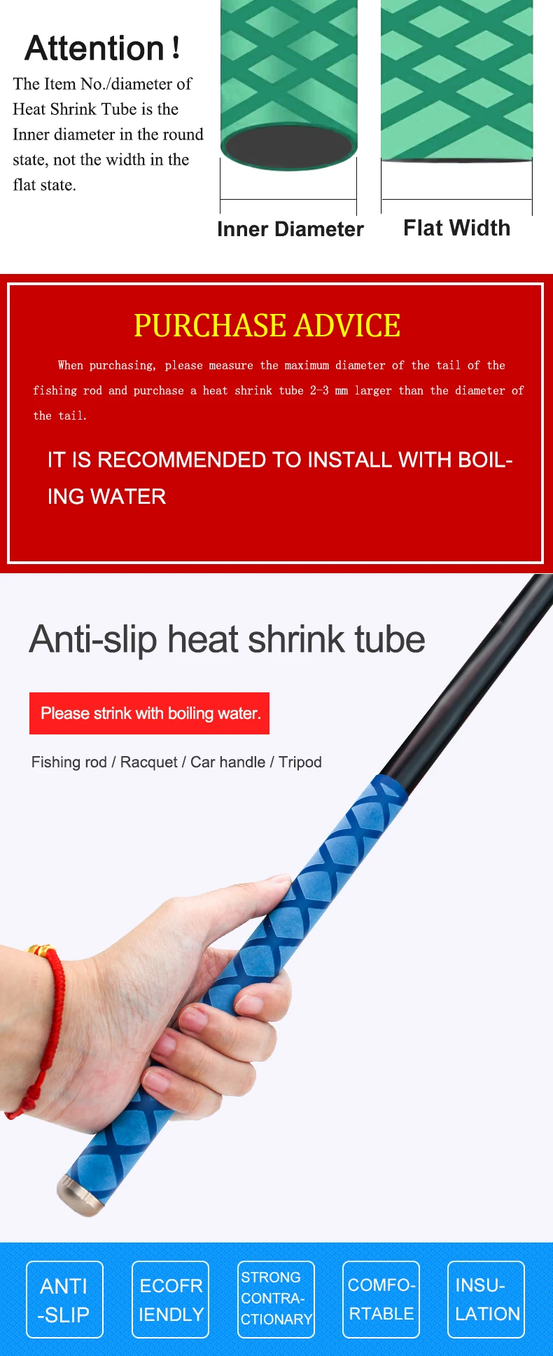 Anti-slip Heat Shrink Tube for Fishing Rod DIY Electrical Insulation 5 Colors 1M 15/18/20/22/25/28/30/35/40/50mm