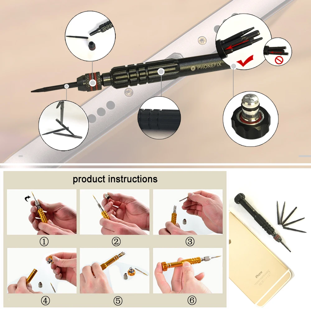 6 in 1 Screwdriver Set Phillips Slotted Y0.6 Precision Bits Set Mobile Phone Opening Screw Driver Kit For iPhone X-16PM Repair