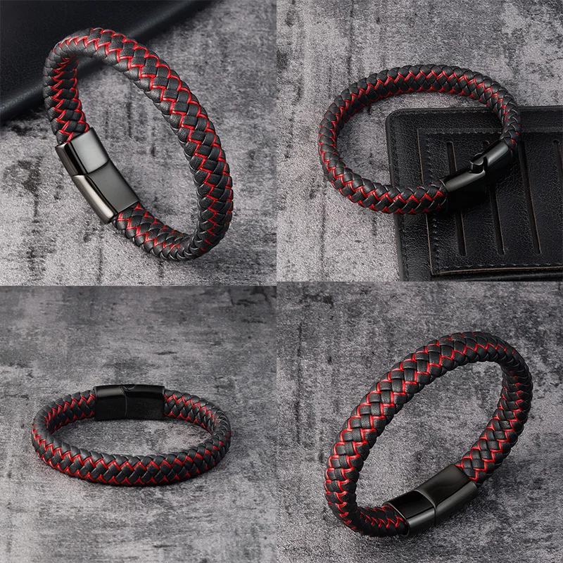 Trendy Men Jewelry Red Braided Leather Rope Bracelet Black Magnetic Buckle Bracelets Punk Men Wrist Band Pulsera Hombre