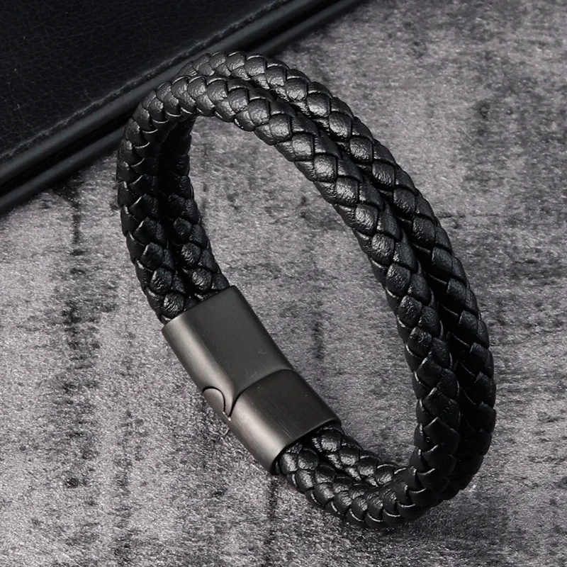 Trendy Men Jewelry Red Braided Leather Rope Bracelet Black Magnetic Buckle Bracelets Punk Men Wrist Band Pulsera Hombre