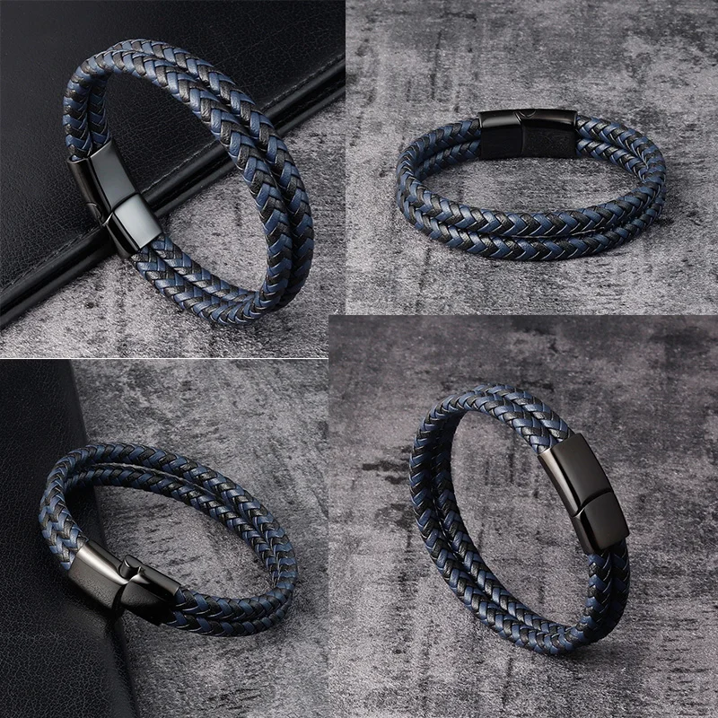 Trendy Men Jewelry Red Braided Leather Rope Bracelet Black Magnetic Buckle Bracelets Punk Men Wrist Band Pulsera Hombre