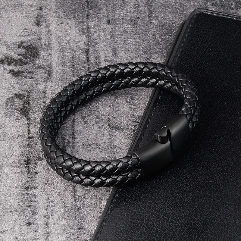 Trendy Men Jewelry Red Braided Leather Rope Bracelet Black Magnetic Buckle Bracelets Punk Men Wrist Band Pulsera Hombre