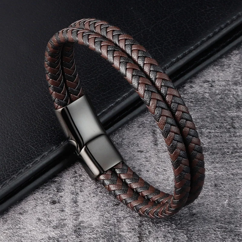 Trendy Men Jewelry Red Braided Leather Rope Bracelet Black Magnetic Buckle Bracelets Punk Men Wrist Band Pulsera Hombre