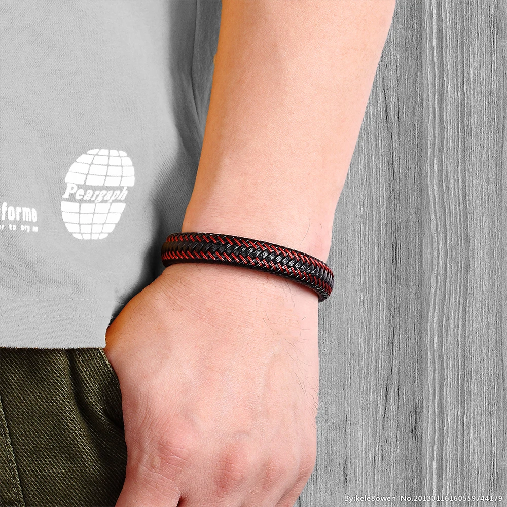 Trendy Men Jewelry Red Braided Leather Rope Bracelet Black Magnetic Buckle Bracelets Punk Men Wrist Band Pulsera Hombre