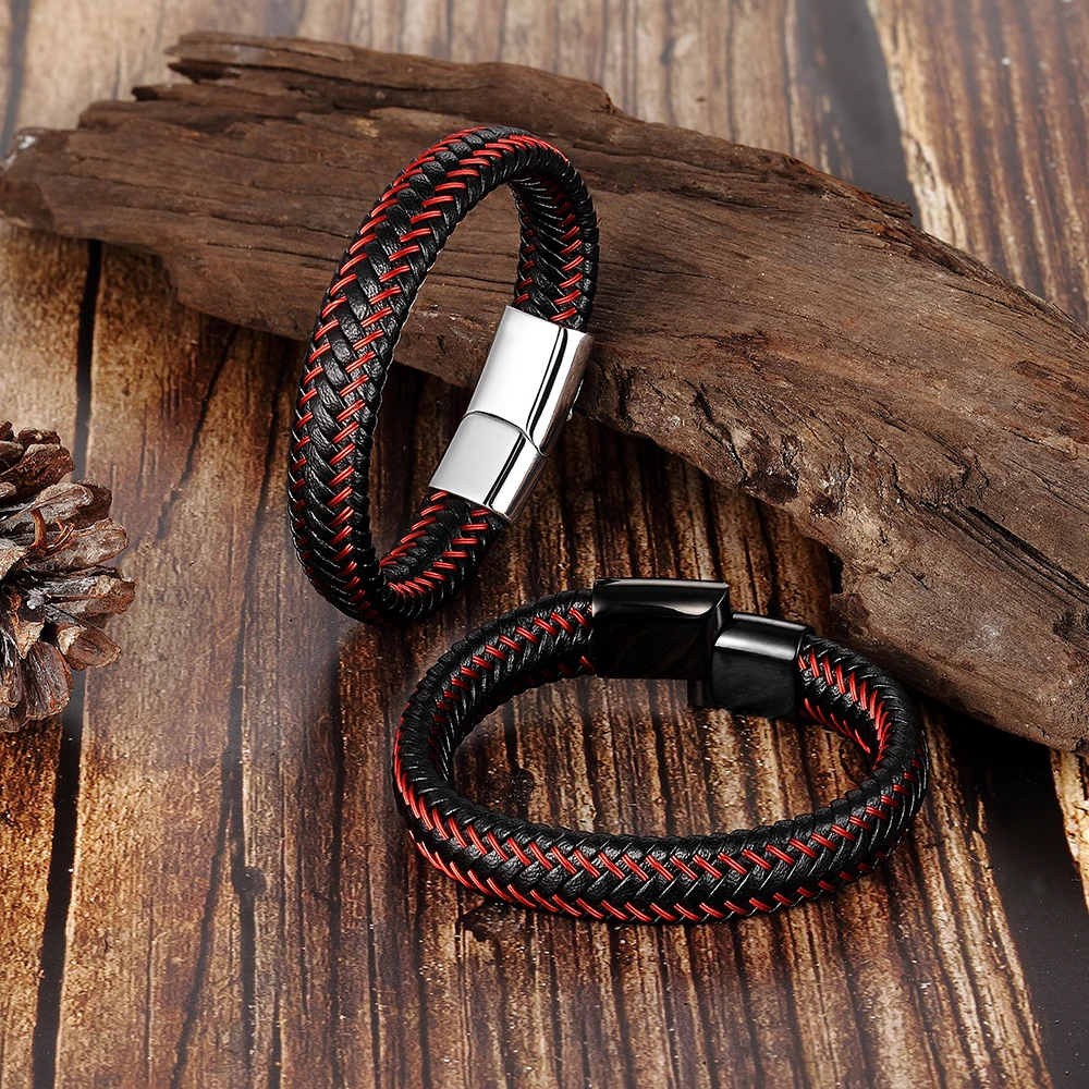 Trendy Men Jewelry Red Braided Leather Rope Bracelet Black Magnetic Buckle Bracelets Punk Men Wrist Band Pulsera Hombre