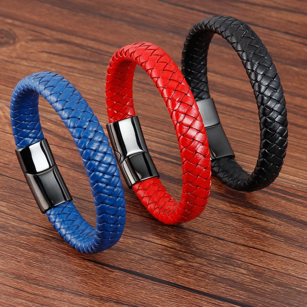Trendy Men Jewelry Red Braided Leather Rope Bracelet Black Magnetic Buckle Bracelets Punk Men Wrist Band Pulsera Hombre