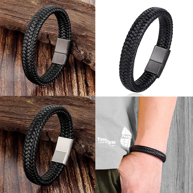 Trendy Men Jewelry Red Braided Leather Rope Bracelet Black Magnetic Buckle Bracelets Punk Men Wrist Band Pulsera Hombre