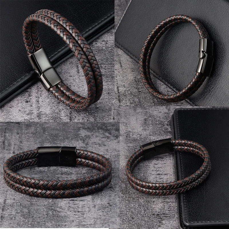 Trendy Men Jewelry Red Braided Leather Rope Bracelet Black Magnetic Buckle Bracelets Punk Men Wrist Band Pulsera Hombre
