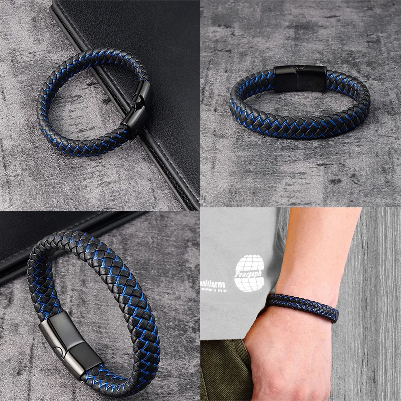 Trendy Men Jewelry Red Braided Leather Rope Bracelet Black Magnetic Buckle Bracelets Punk Men Wrist Band Pulsera Hombre