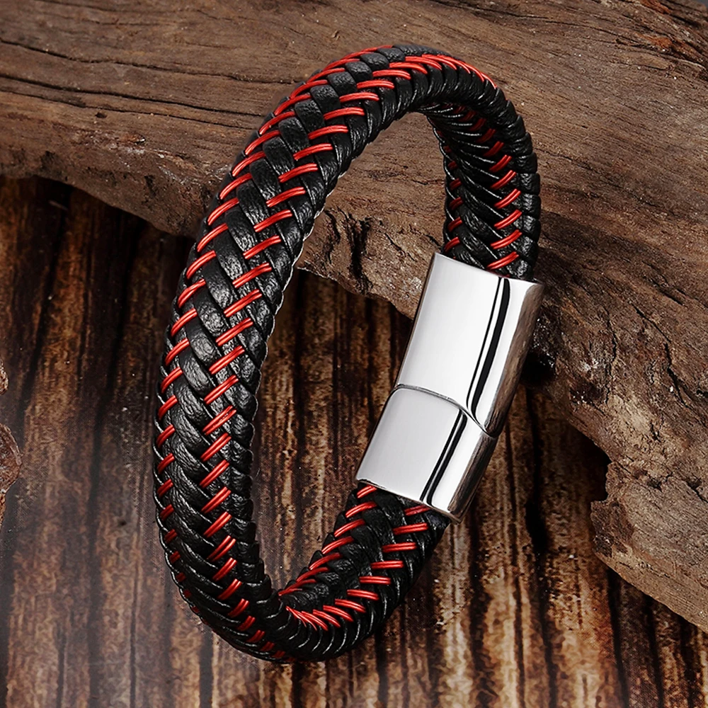 Trendy Men Jewelry Red Braided Leather Rope Bracelet Black Magnetic Buckle Bracelets Punk Men Wrist Band Pulsera Hombre