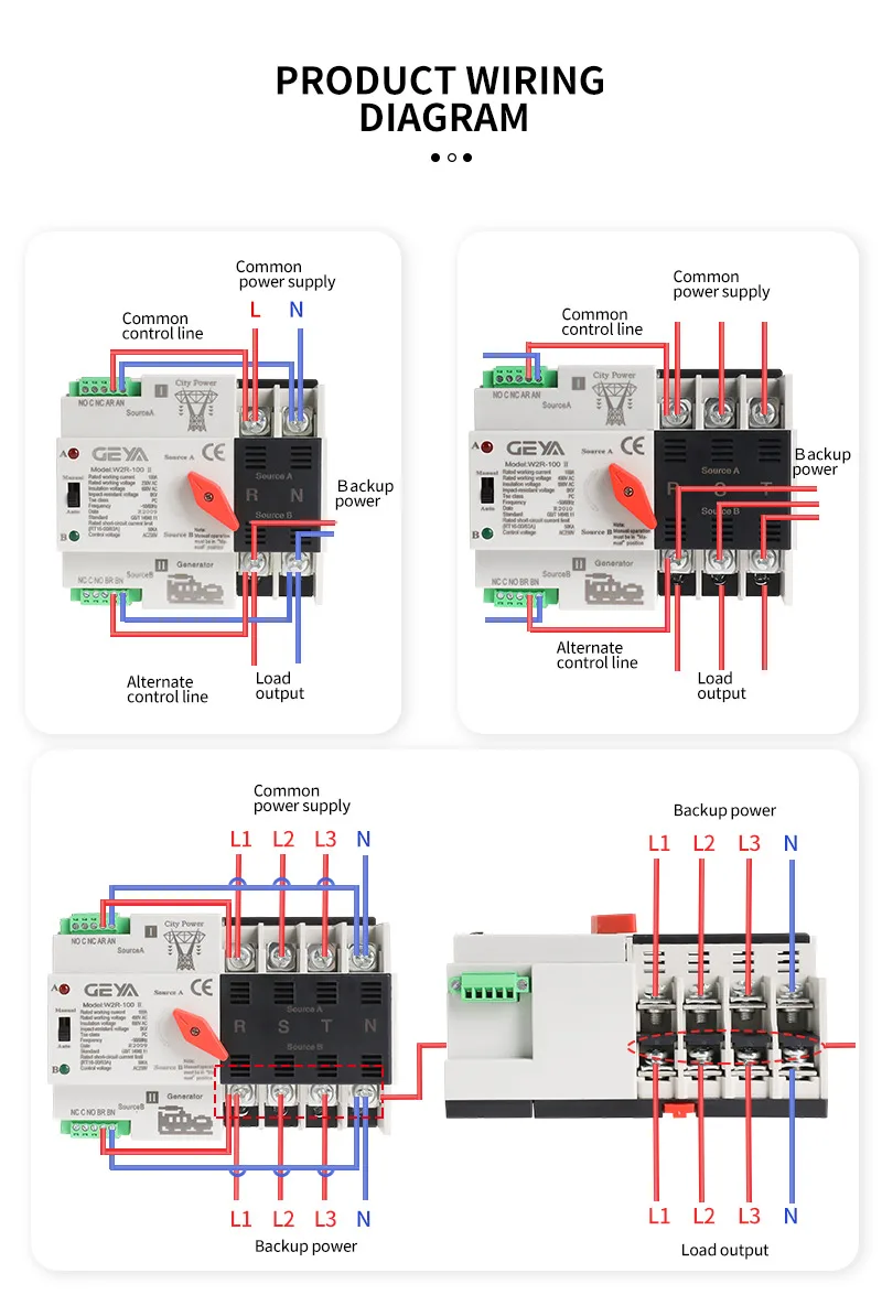 GEYA W2R ATS 110V 220V PC Dual Power Automatic Transfer Switch 63A 100A Household Power Transfer Switch 50/60Hz