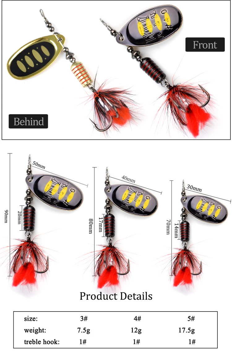 FTK Spinner Bait 7.5g 12g 17.5g Hard Spoon Bass Lures Metal Fishing Lure With Feather Treble Hooks For Pike Fishing