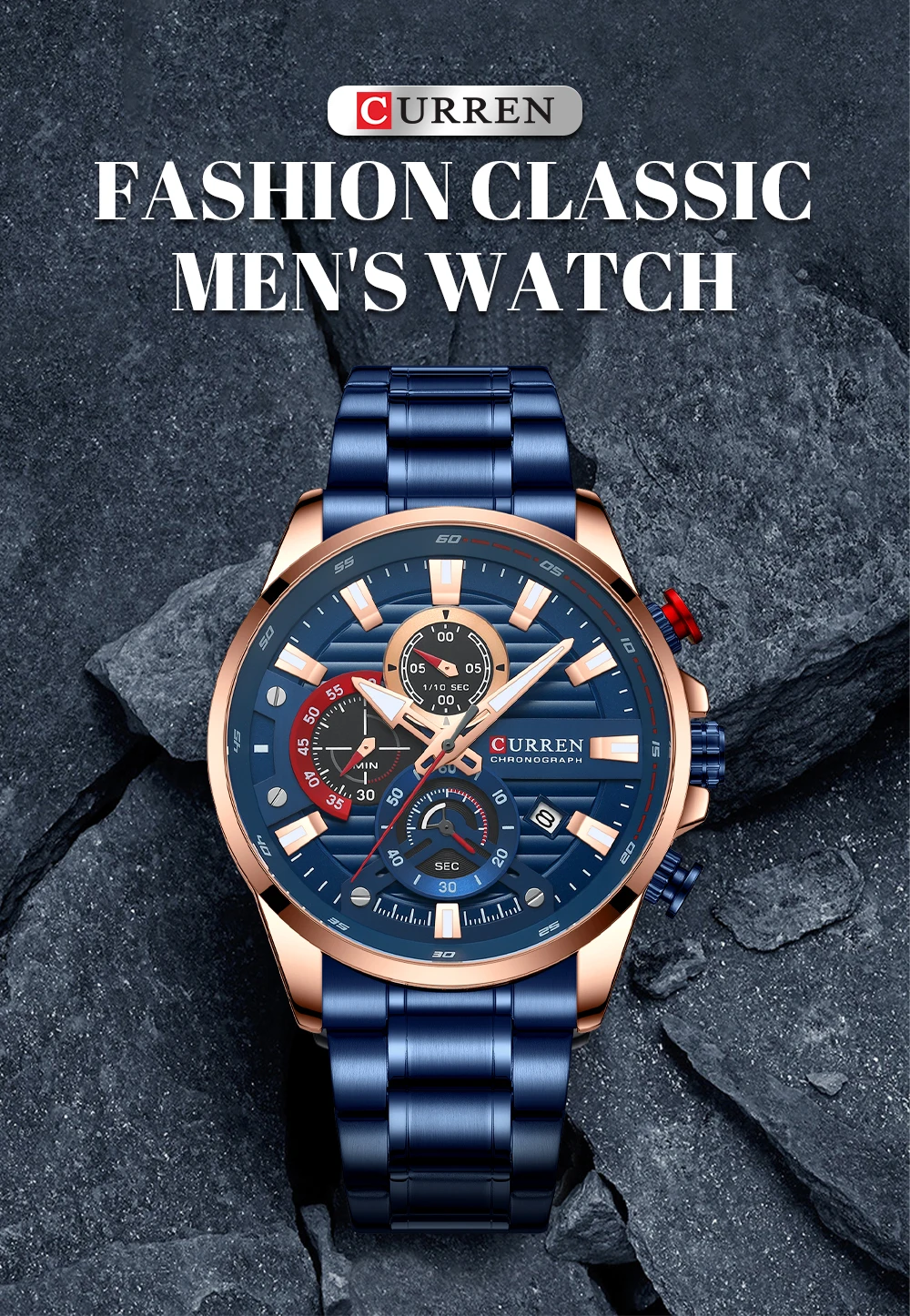 CURREN Sports Casual Quartz Wristwatches with Chronograph Fashion Stainless Steel Men's Watch Auto Date Clock Male with Box