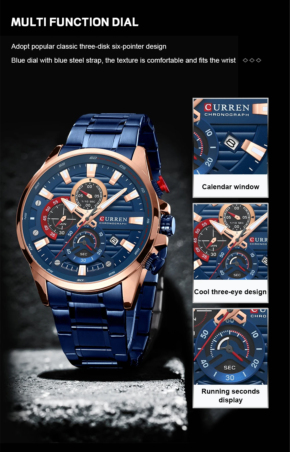 CURREN Sports Casual Quartz Wristwatches with Chronograph Fashion Stainless Steel Men's Watch Auto Date Clock Male with Box
