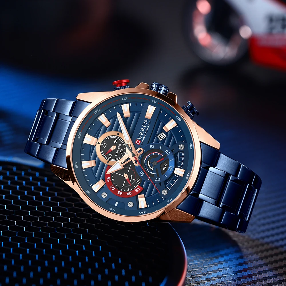 CURREN Sports Casual Quartz Wristwatches with Chronograph Fashion Stainless Steel Men's Watch Auto Date Clock Male with Box