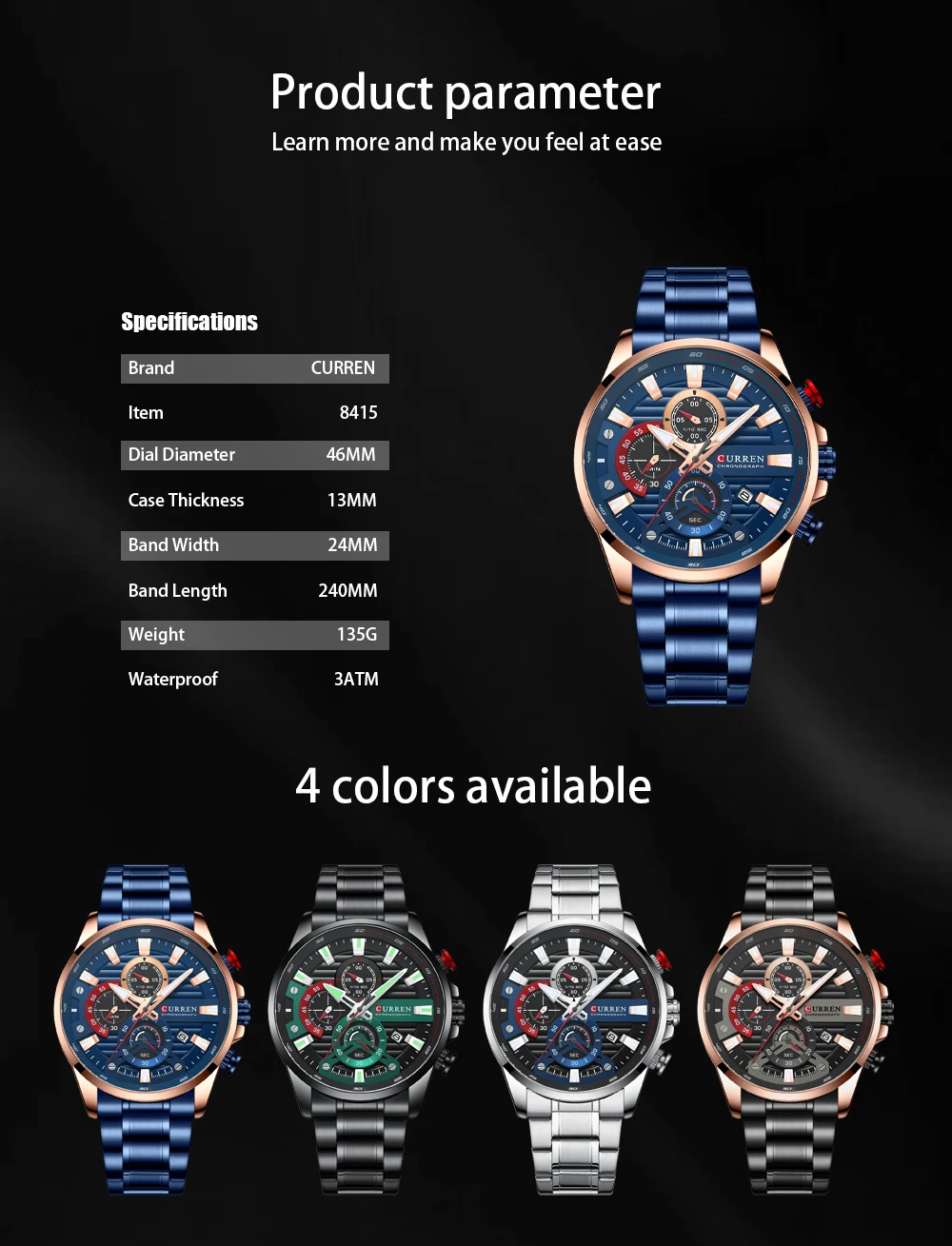 CURREN Sports Casual Quartz Wristwatches with Chronograph Fashion Stainless Steel Men's Watch Auto Date Clock Male with Box