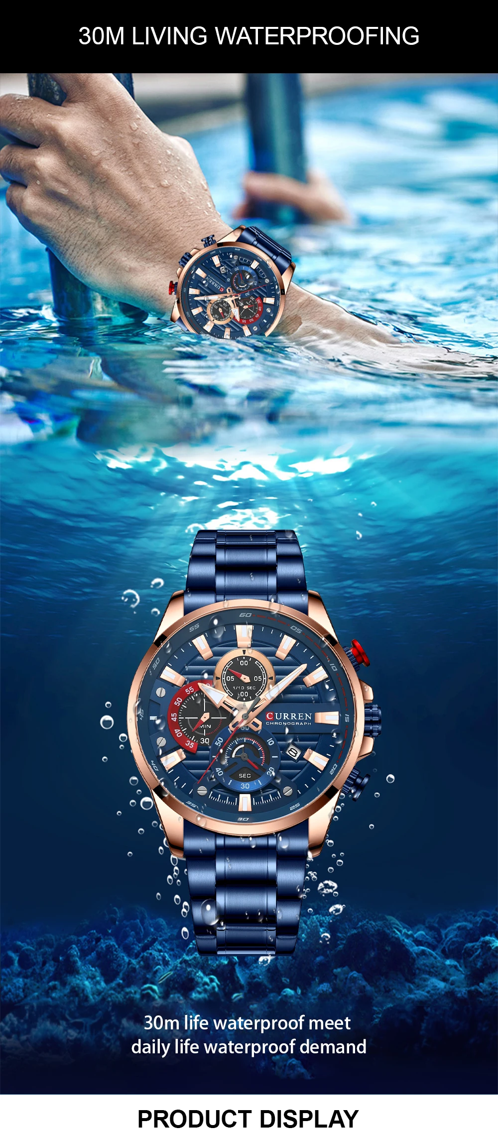 CURREN Sports Casual Quartz Wristwatches with Chronograph Fashion Stainless Steel Men's Watch Auto Date Clock Male with Box