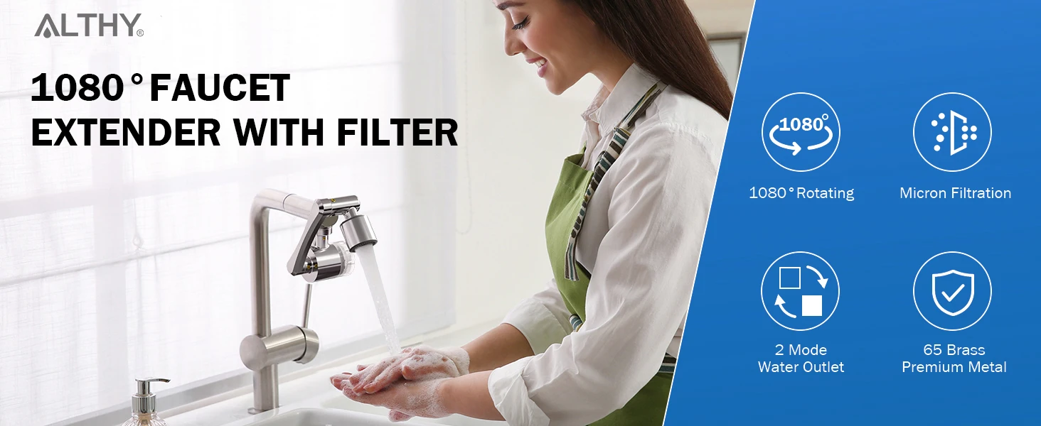 ALTHY Faucet Extender Water Filter, Sink Splash-proof 1080° Rotating Tap Aerator,Reduce Lead Chlorine Odor, 2 Water Spray Modes