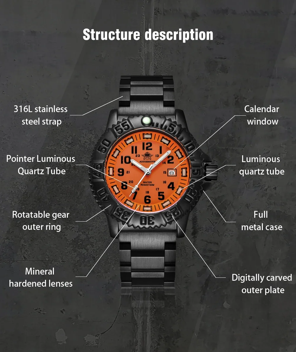 ADDIESDIVE Luxury Men's Quartz Watch Outdoor Sports Luminous Tube Analog Watch 50m Waterproof Stainless Steel Strap Orange Black
