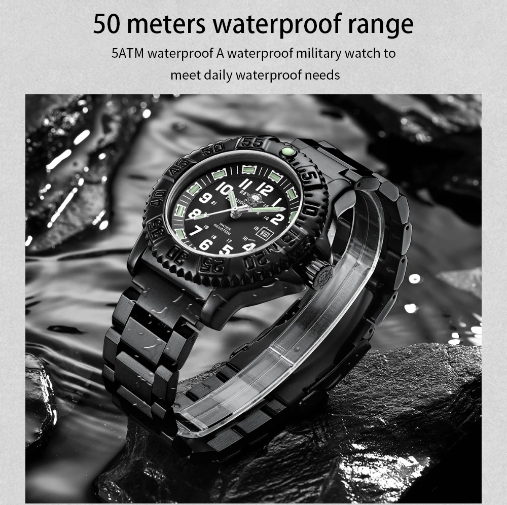 ADDIESDIVE Luxury Men's Quartz Watch Outdoor Sports Luminous Tube Analog Watch 50m Waterproof Stainless Steel Strap Orange Black