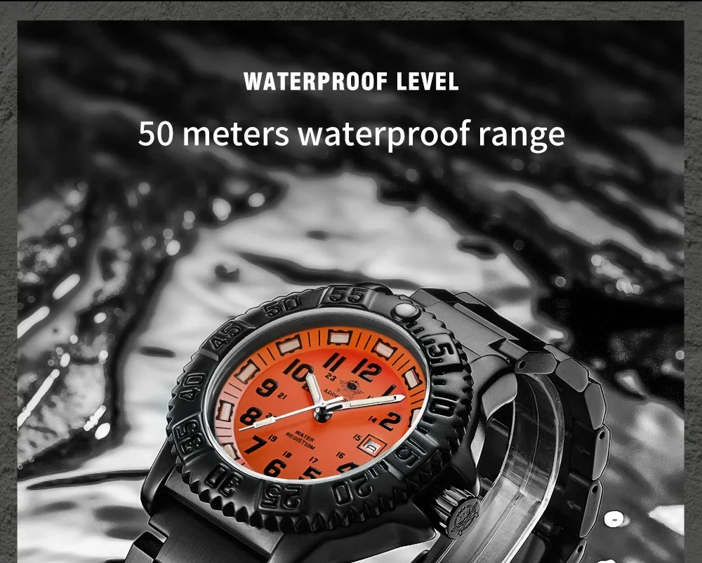 ADDIESDIVE Luxury Men's Quartz Watch Outdoor Sports Luminous Tube Analog Watch 50m Waterproof Stainless Steel Strap Orange Black