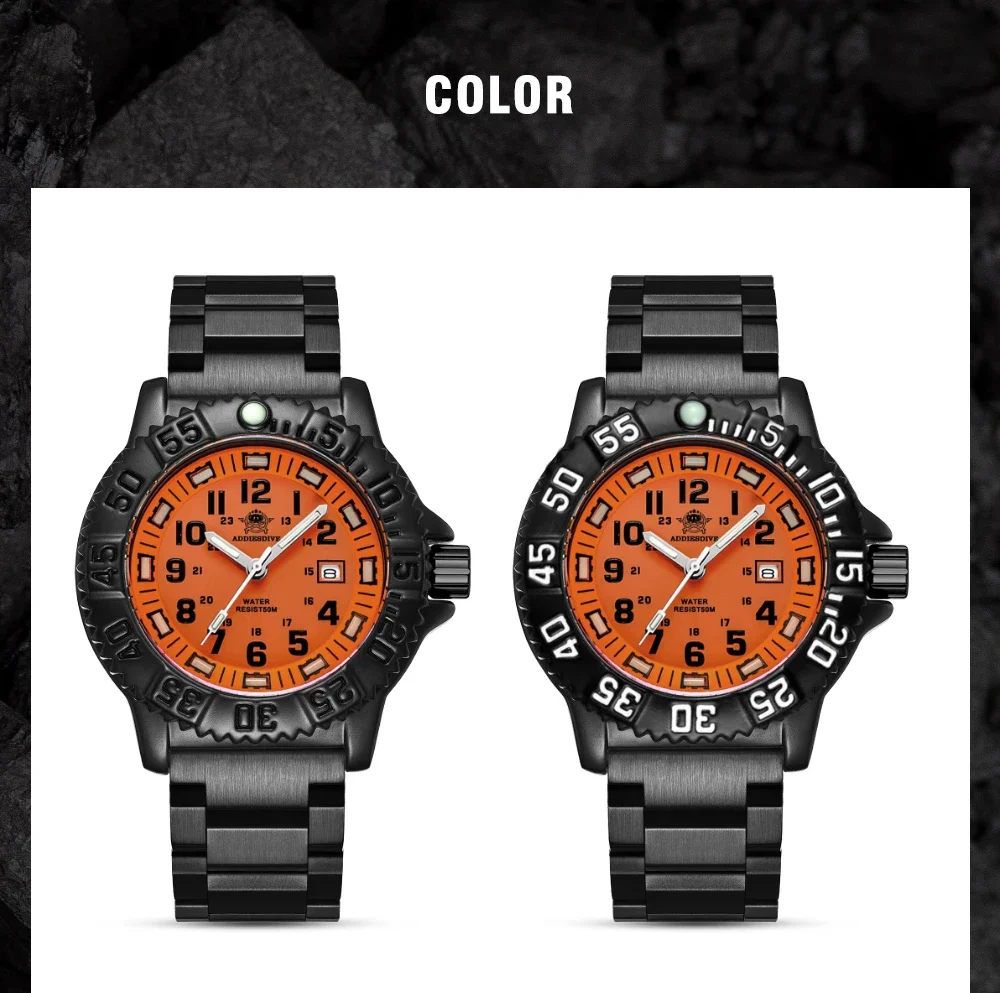 ADDIESDIVE Luxury Men's Quartz Watch Outdoor Sports Luminous Tube Analog Watch 50m Waterproof Stainless Steel Strap Orange Black