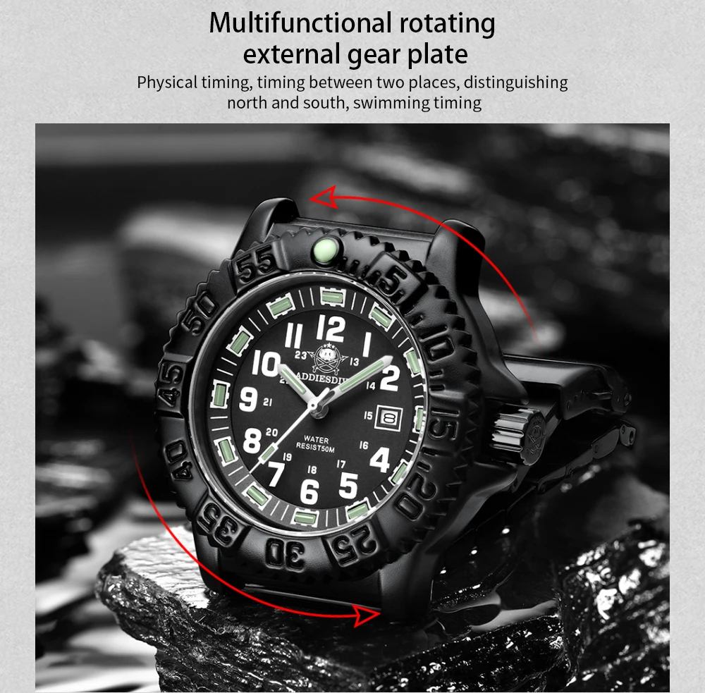 ADDIESDIVE Luxury Men's Quartz Watch Outdoor Sports Luminous Tube Analog Watch 50m Waterproof Stainless Steel Strap Orange Black