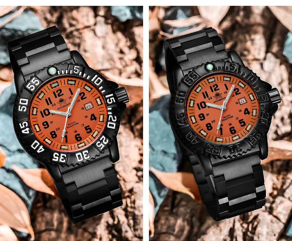 ADDIESDIVE Luxury Men's Quartz Watch Outdoor Sports Luminous Tube Analog Watch 50m Waterproof Stainless Steel Strap Orange Black