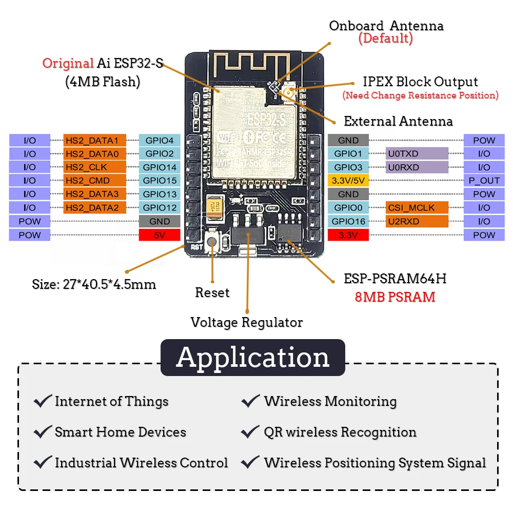 Original ESP32-CAM Camera Module Kit 2.4 GHz WiFi Bluetooth 8MB PSRAM OV2640 Camera Module 66 120 160 Degree 850nm Night Vision