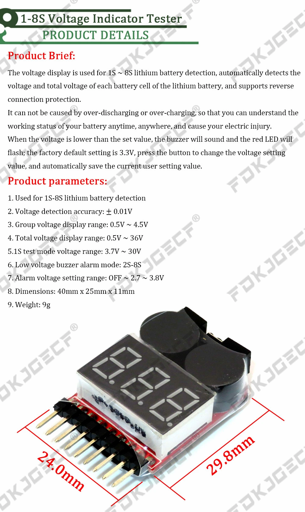 BX100 1-8S Lipo Battery Voltage Tester/ Low Voltage Buzzer Alarm/ Battery Voltage Checker with Dual Speakers for 3.7V 7.4V