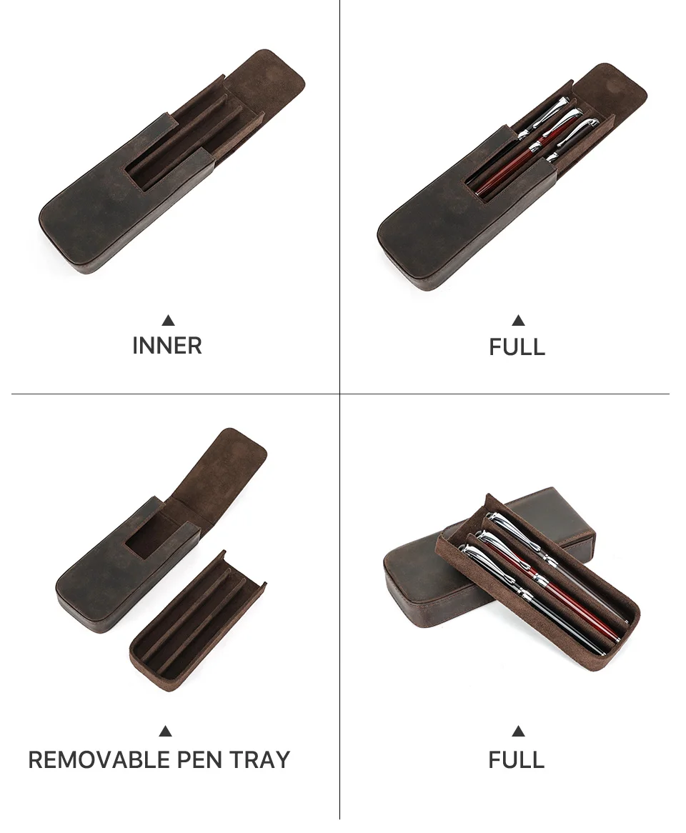 Luxury Genuine Leather 3 Slots Pen Case With Removable Pen Tray Holder Pencil Case Office School Supplies Pouch Creative Gift