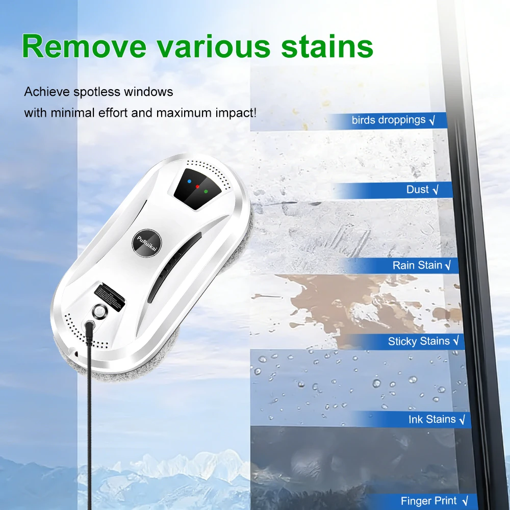 PuRuiKai Basic Window Cleaning Robot 5600Pa Suction, Intelligent Path Planning, Power Failure Protection for Safe Glass Cleaning