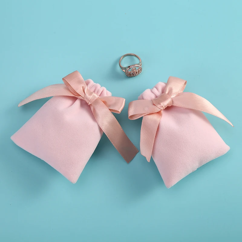 10pcs/lot 7x9cm Pink Velvet Ribbon Bag Drawstring Earrings Rings Necklace Bracelet Wedding Christmas Gift Storage Pouches