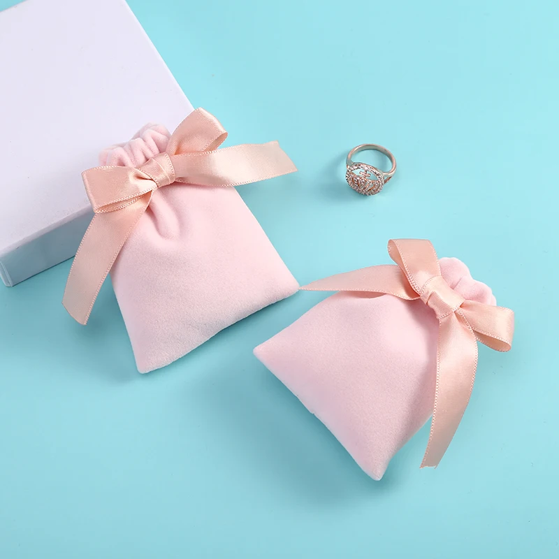 10pcs/lot 7x9cm Pink Velvet Ribbon Bag Drawstring Earrings Rings Necklace Bracelet Wedding Christmas Gift Storage Pouches