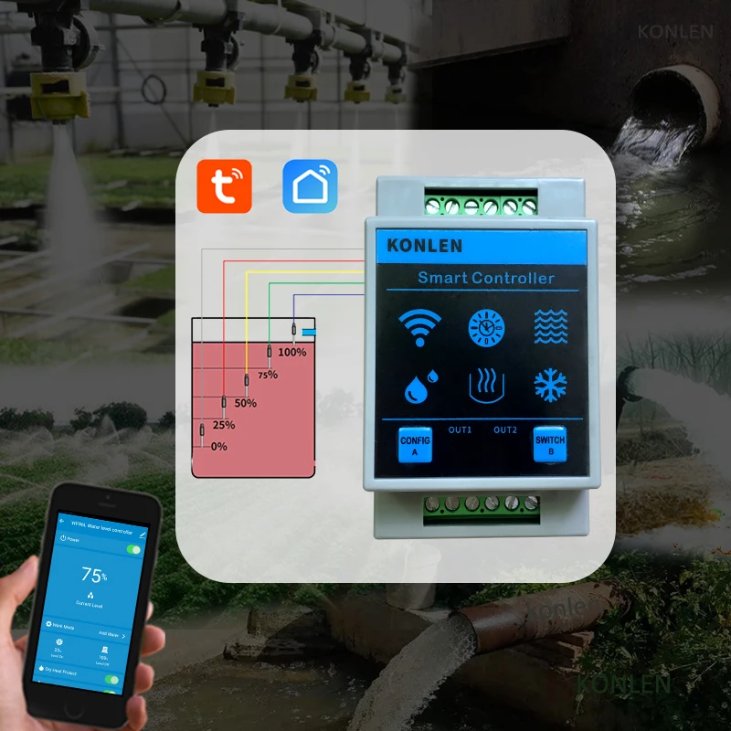 KONLEN Tuya Water Level Sensor WIFI Smart Home Leakage Flood Alarm Controller Meter Pool Vape Tank Flow Detector Leak Protection