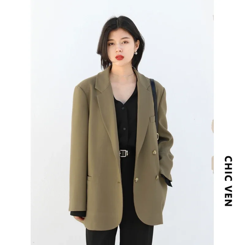 CHIC VEN 2026 Fashion Women's Blazer Office Lady Long Sleeve Double-breasted Mid-length Casual Coat Ladies Outerwear Stylish Top