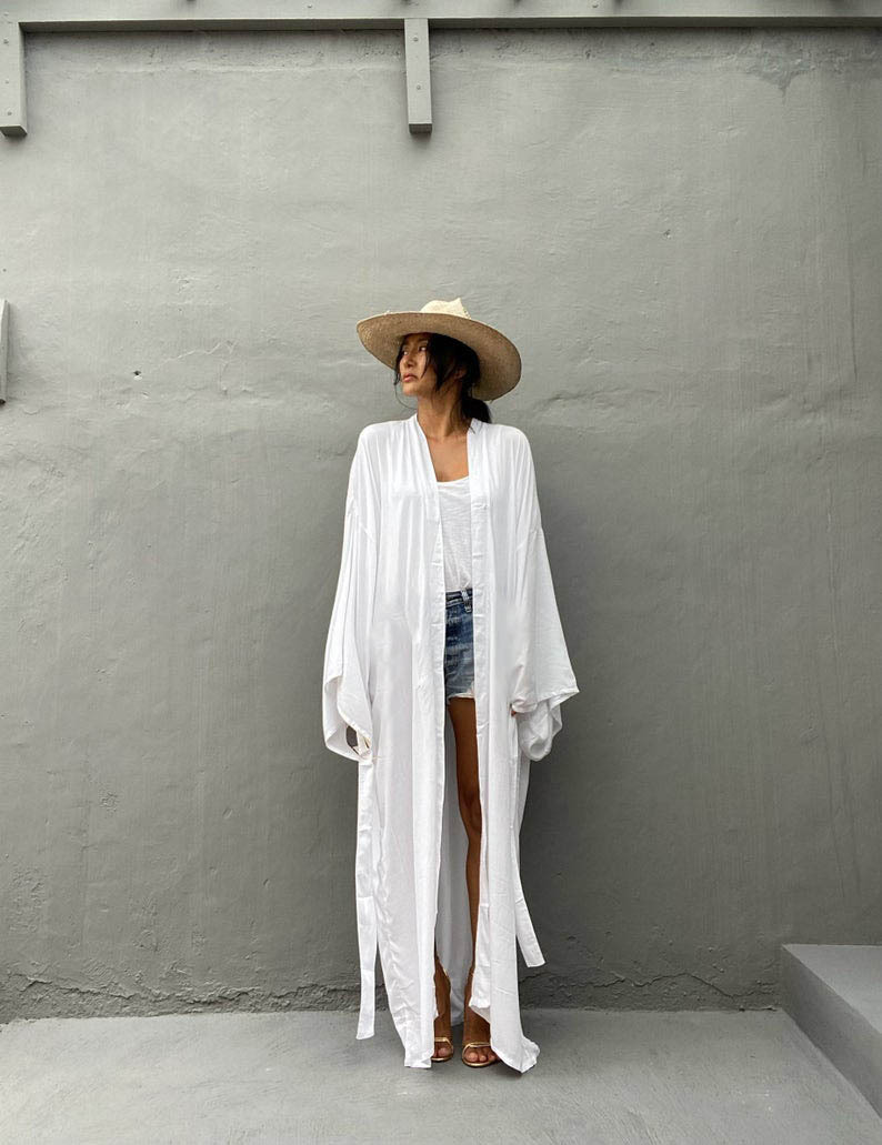 Solid Beach Cover Up Women Self Belted Wrap Kimono Dress Swimsuit 2025 New Robe Summer Beachwear Factory Supply