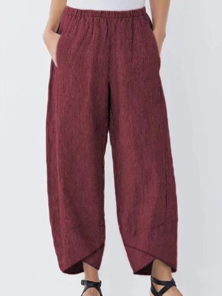 Women Cotton Linen Harem Pants Vintage Printed Wide Leg Trousers Casual Solid Pockets Harajuku High Waist Baggy Pants Joggers