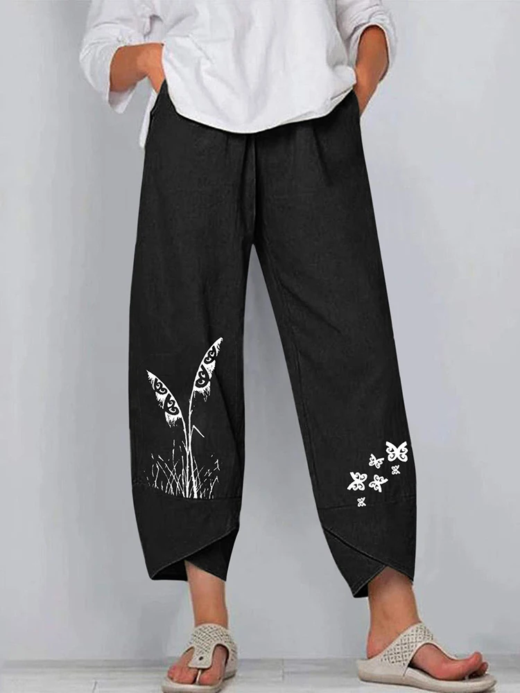 Women Cotton Linen Harem Pants Vintage Printed Wide Leg Trousers Casual Solid Pockets Harajuku High Waist Baggy Pants Joggers