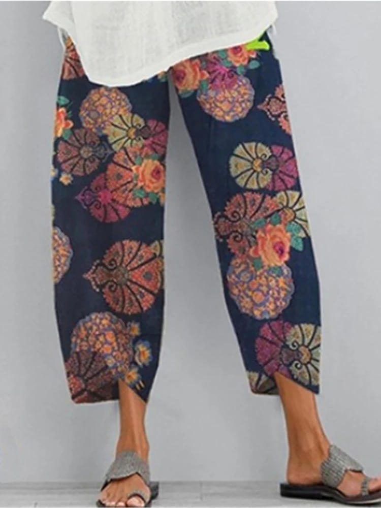 Women Cotton Linen Harem Pants Vintage Printed Wide Leg Trousers Casual Solid Pockets Harajuku High Waist Baggy Pants Joggers