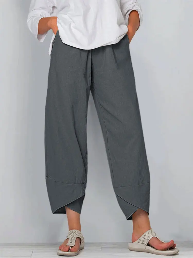 Women Cotton Linen Harem Pants Vintage Printed Wide Leg Trousers Casual Solid Pockets Harajuku High Waist Baggy Pants Joggers