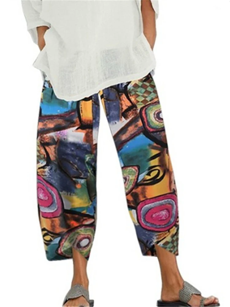 Women Cotton Linen Harem Pants Vintage Printed Wide Leg Trousers Casual Solid Pockets Harajuku High Waist Baggy Pants Joggers