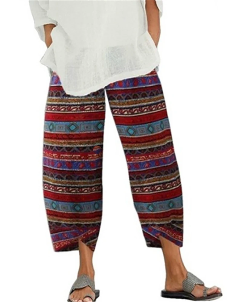 Women Cotton Linen Harem Pants Vintage Printed Wide Leg Trousers Casual Solid Pockets Harajuku High Waist Baggy Pants Joggers