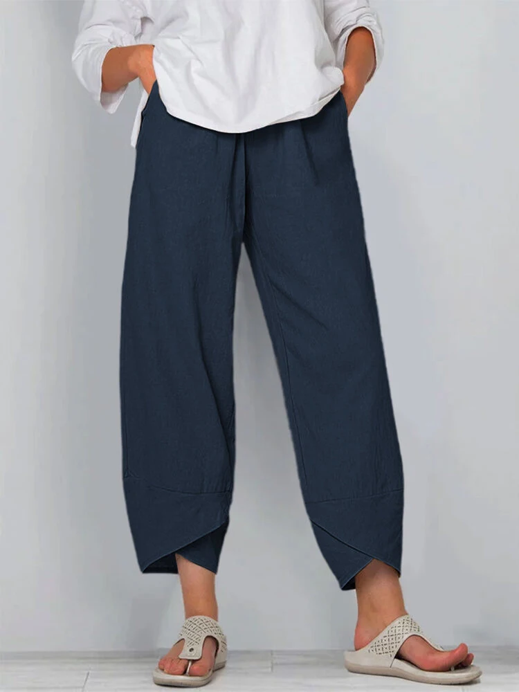 Women Cotton Linen Harem Pants Vintage Printed Wide Leg Trousers Casual Solid Pockets Harajuku High Waist Baggy Pants Joggers