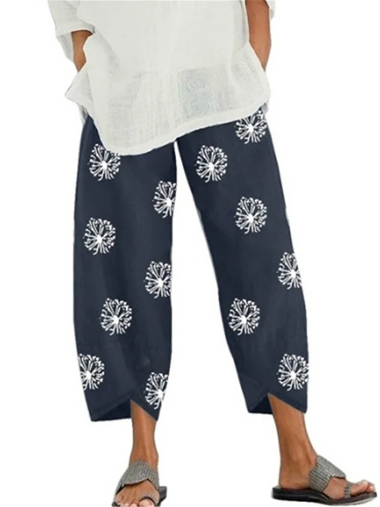 Women Cotton Linen Harem Pants Vintage Printed Wide Leg Trousers Casual Solid Pockets Harajuku High Waist Baggy Pants Joggers