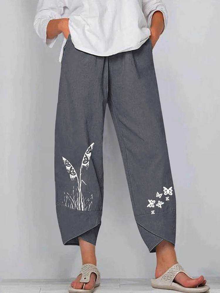 Women Cotton Linen Harem Pants Vintage Printed Wide Leg Trousers Casual Solid Pockets Harajuku High Waist Baggy Pants Joggers